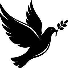 Obraz premium Flying black dove holding olive branch, simple silhouette. Peace concept. Vector icon for logo, wedding, freedom, spiritual, religion design