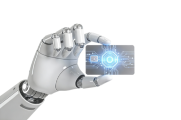 Robotic hand holding a glowing digital access card on transparent background, ideal png clipart for cybersecurity, identity verification, smart authentication, secure login systems and tech infographi
