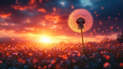Dandelion vibrant sunset sky in the wind, spring background panoramic view