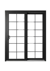 Modern black-framed sliding patio door, square glass panes with dark grilles, prominent handle, isolated on solid transparent studio background, concept of sleek architectural product design.