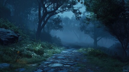 Dark and Misty Forest Path at Night. Eerie and Mysterious Woodland Scene with Glowing Fog. Halloween, Horror, Suspense Concept