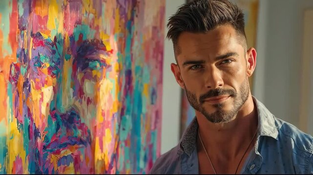 Caucasian man with stylish haircut smiling next to his vibrant impressionist portrait. Creative artist and his colorful artwork.