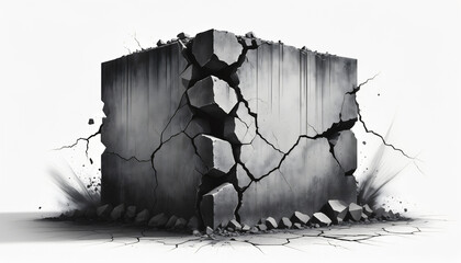 Cracked Concrete Cube Symbolizing Destruction and Decay.
