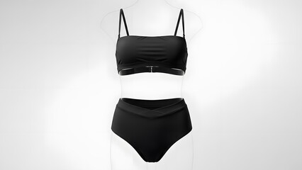 Black two-piece high-waisted bikini swimsuit on a white mannequin against a plain background.