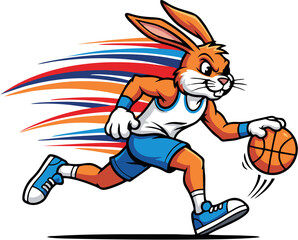 Fast Rabbit Basketball Player Dribbling Ball Vector Mascot