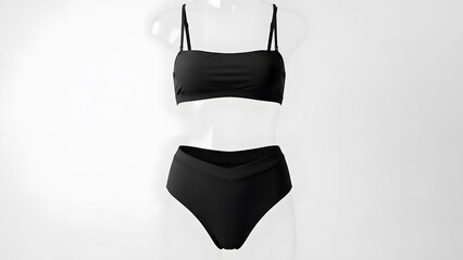 Black two-piece high-waisted bikini swimsuit on a clear mannequin against a white background, perfect for summer beachwear.