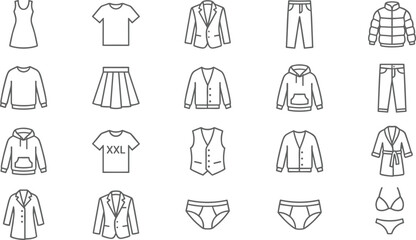 Clothing icon set, fashion garments, dress, t-shirt, hoodie, blazer, underwear, coat, pants, wardrobe essentials, outline style