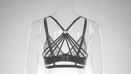 Back view of a stylish dark bralette with intricate multi-strap design on a clear mannequin.
