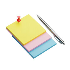 High-angle photorealistic studio shot of three stacked blank sticky notes (yellow, pink, blue) with a red thumbtack and silver pen on a seamless transparent background. Concept of modern office
