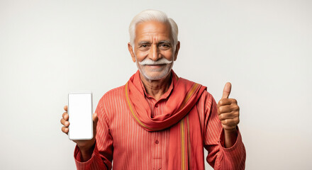 indian senior man in traditional attire holding smartphone with blank screen on white isolated background