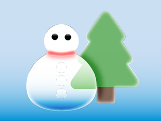 Glossy Liquid Glass and Glass morphism Snowman and Christmas Tree Illustration with Soft Blue Glow and Smooth Reflections. Modern Transparent Holiday Winter Character Design