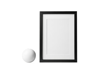 Sleek brushed black metal frame, blank white art paper, and a white ceramic sphere on a seamless transparent background, captured with bright high-key studio lighting. Concept of minimalist product