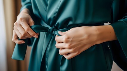 Close-up of a woman's hands tying the belt of a luxurious dark green silk robe.