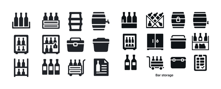 Icons of wine bottles, barrels, and storage options in black and
