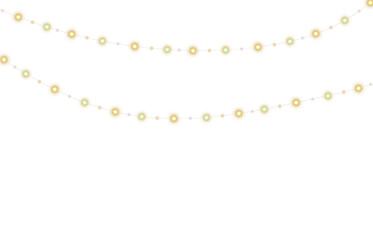 Two hanging multi-colored Christmas garlands with dominant green and yellow tones, isolated on a transparent background for festive overlays and decorative design use.