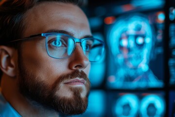 Selective focus medical professional reviewing patient information using holographic AI interface