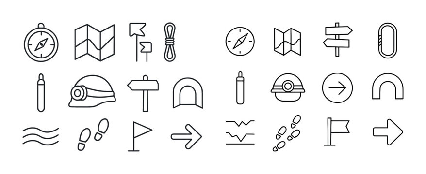 Adventure icons set: compass, map, helmet, hiking gear, navigati
