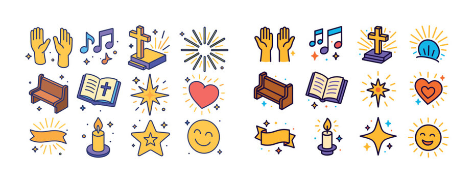 Colorful christian symbols and icons including cross, bible, can