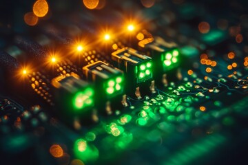 Selective focus eco-friendly server room with glowing green circuits