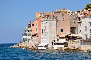 panorama of Rovinj seen from the harbor at bright summer day