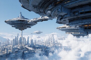Fototapeta premium Futuristic metropolis with grand platforms and buildings floating amidst a serene sky with a light cloud cover and other flying vehicles.
