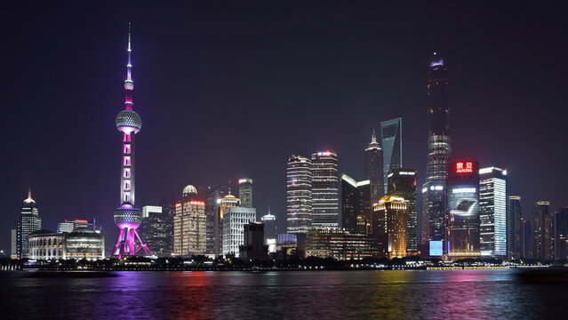 Cityscape night view across Huangpu River of Oriental Pearl Tower and Pudong new area in Shanghai, China
