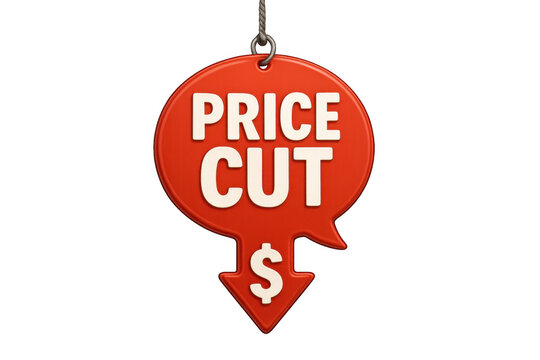 Price cut hanging speech bubble with dollar sign arrow pointing down, indicating special sale and discount season