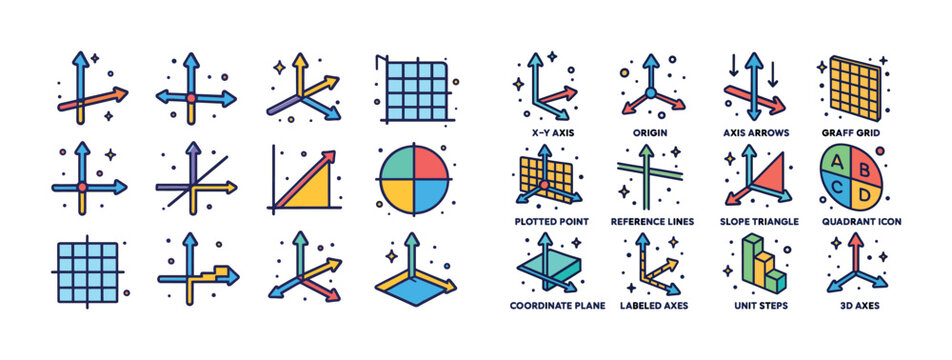 Colorful vector illustrations of graphs, axis arrows, and geomet