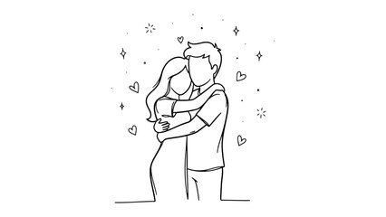 Embracing Hearts: A tender sketch captures a couple in a heartfelt embrace, surrounded by symbols of affection, perfect for representing love, warmth, and connection.