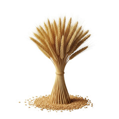 Meticulously tied golden wheat, barley, and rye stalks with scattered kernels, isolated on a seamless transparent background, soft studio light. Concept of natural agricultural beauty