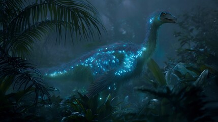 Luminous feathered dinosaur in a dark, mystical jungle with glowing patterns, cinematic lighting