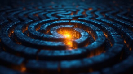 Dark Maze with a Glowing Path Illuminating the Solution, Symbolizing Problem-Solving, Focus, and Overcoming Challenges in Complexity.
