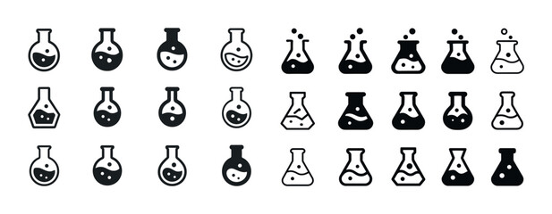 Set of laboratory flask icons with bubbles in black and white va