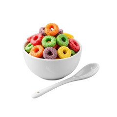Vibrant, colorful ring-shaped breakfast cereal in a transparent ceramic bowl with a matching spoon, isolated on a solid transparent background, high-end concept for premium breakfast product