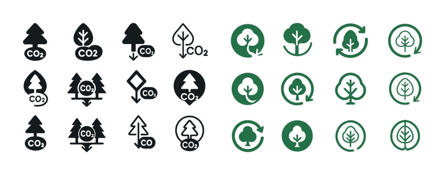 Carbon reduction icon set: trees, co2, arrows, eco symbols