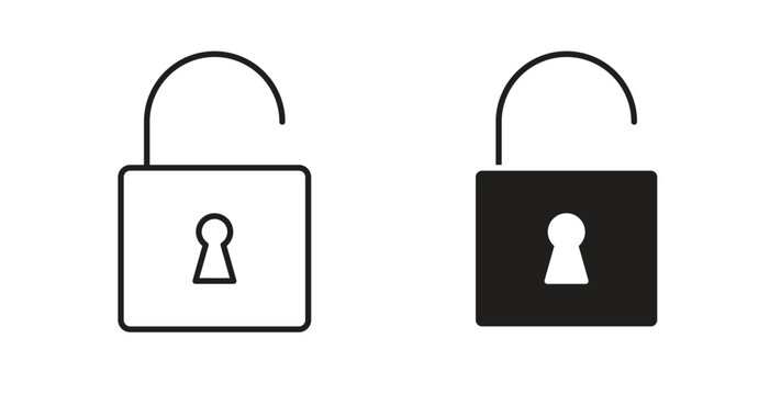 Unlock icon in line design and solid black and white colors for designs
