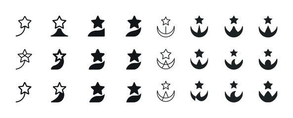 Set of black and white star and crescent moon icons in various s