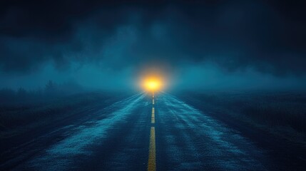 Dark stormy misty night highway. Light in the end of the highway. Overcoming concept
