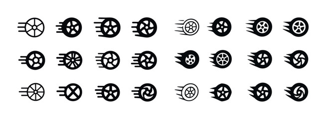 Vector icons of spinning wheels and motion elements