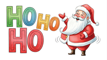 Colorful Ho Ho Ho Lettering with Cute Santa Claus Cartoon Illustration