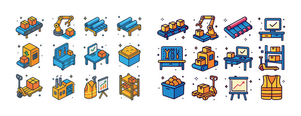 Naklejka premium Colorful icons illustrating various stages of warehouse and logi