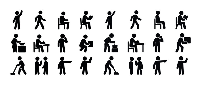 Simple black stick figures in various activity poses