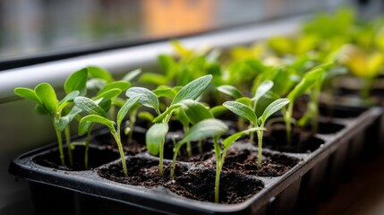 Close-Up of Young Green Seedlings in Black Plastic Tray with Soil Near Window