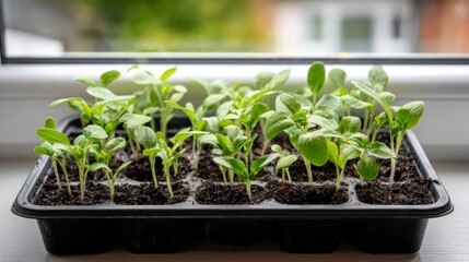 Black Plastic Seed Tray with Healthy Green Seedlings on Indoor Windowsill