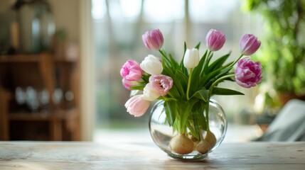 Glass Vase with Pink and White Tulips on Wooden Surface in Cozy Interior