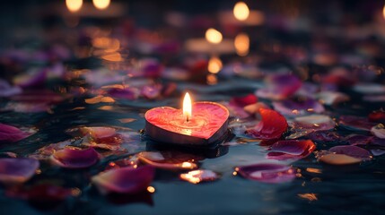 Heart-Shaped Candle Floating on Water with Rose Petals and Warm Glow