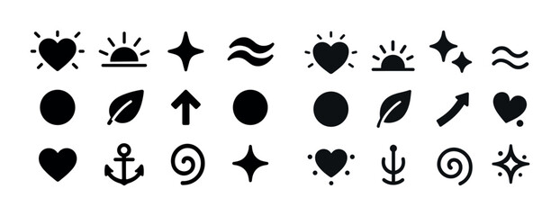 Minimal black icon set: hearts, suns, arrows, spirals, and more