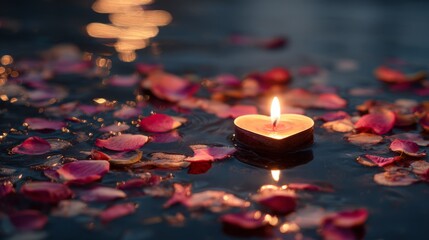 Heart-Shaped Candle Floating on Water with Pink and Red Rose Petals and Bokeh Lights