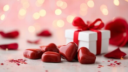 White Gift Box with Red Ribbon and Glossy Heart Chocolates Surrounded by Rose Petals and Bokeh Lights