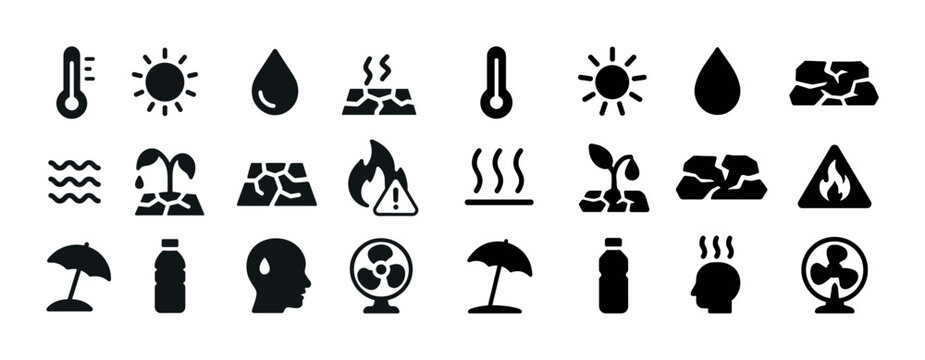 Climate change icons: heat, drought, fire, water scarcity, tempe